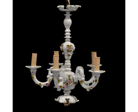 Capodimonte five-branch chandelier, drop 55cm; and pair of matching twin-light wall sconces.