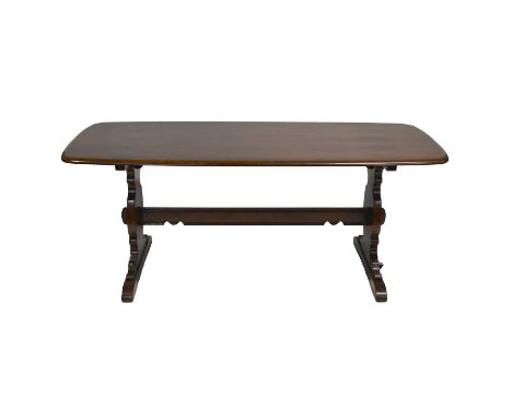 Ercol dark elm kitchen table, rectangular top, width 181cm, depth 77cm, height 73cm, with seven matching chairs, loose cushoi