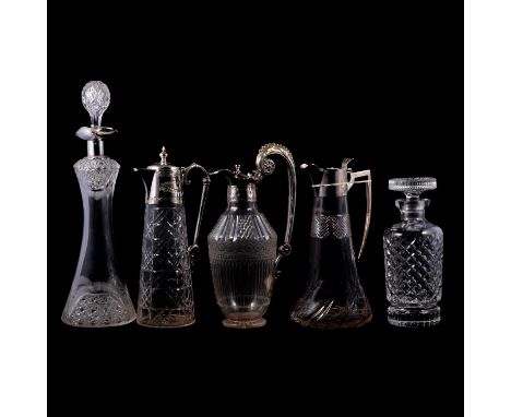 Edwardian silver mounted claret jug, Birmingham 1904, handle damaged, two other claret jugs with silver plated mounts and two