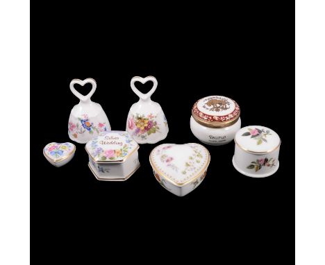 Small collection of bone china trinket boxes, bells, Halcyon Days enamelled boxes, etc.