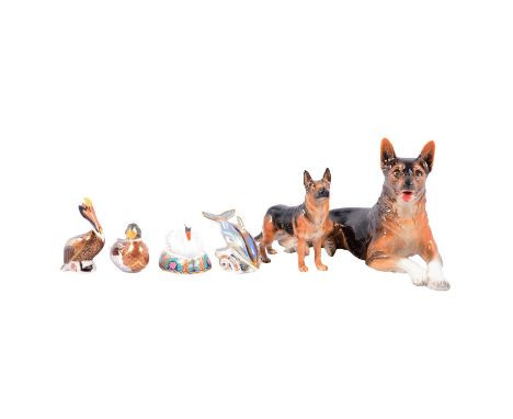 Four Royal Crown Derby paperweights and two Goebel German Shepherd dogs.Condition report:No damage to the Goebel dogs.