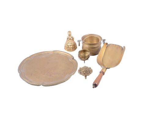 Victorian copper warming pan, turned beech handle, other metalware including a salver, toasting forks, etc.Qty: 1 box