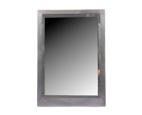 Silver faced table mirror, marks worn, rectangular engine turned silver on an oak easel back, bevelled glass, 30.5x21.5cm.