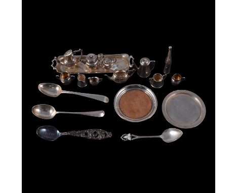 Miniature silver four piece teaset and tray, John Rose, Birmingham 1971, the tray 15cm, miniature silver three pieces teast o