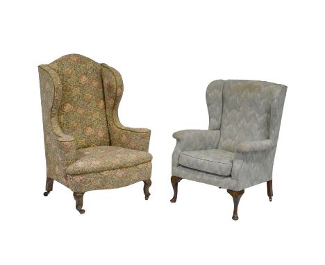 Wing back easy chair, floral pattern tapestry style upholstery, cabriole legs on casters, width 87cm, height 120cm, and anoth