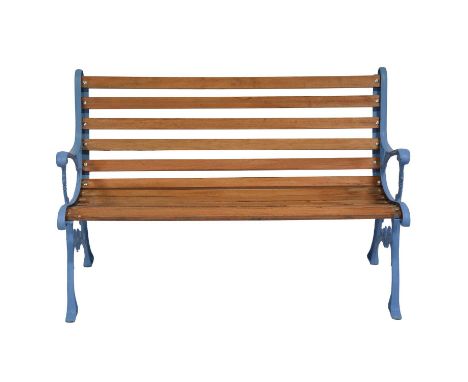 Refurbished cast iron garden bench, the cast ends painted in sky blue, new hardwood slats, width 124cm, depth 73cm, height 83