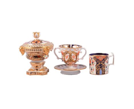 Derby porcelain pot pourri, early 19t Century, painted mark, 15cm, twin handled vase, Spode saucer and a coffee can.Qty: 4