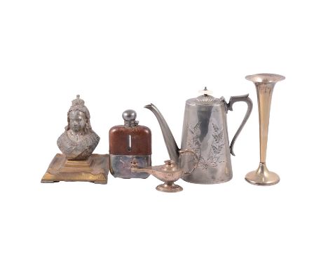 Silver Aladdin oil lamp, marks rubbed, 9cm; Britannia Metal three-piece teaset; Queen Victoria inkstand other items of plated
