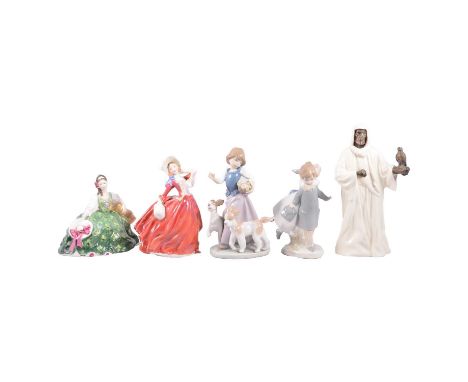 Five Royal Doulton lady figurines, Minton china and bronze figure Spellbound, another The Sheikh, two Lladro figures.Qty: 9
