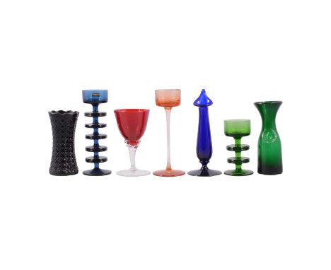 Collection of 20th century coloured glassware inlcuding a pair of Wedgwood 'Sheringham' blue glass five-ring candlestands, 20