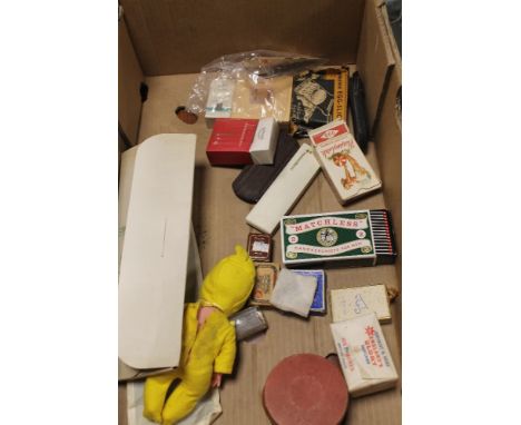 A BOX OF ASSORTED COLLECTABLES TO PLAYING CARDS, A SOUTH STAFFORDSHIRE BUILDING SOCIETY MONEY BOX, ETC 