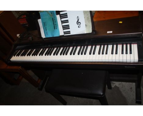 AN ELECTRIC ORGAN WITH MUSIC AND STOOL 