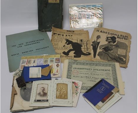 A QUANTITY OF EPHEMERA TO INCLUDE RAF INTEREST, SHARE CERTIFICATES, STAMPS, OLD PHOTOGRAPHS, ETC 