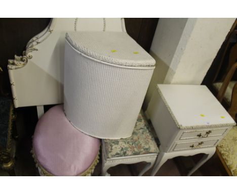 A WHITE PAINTED BEDSIDE CABINET, TOGETHER WITH TWO WHITE HEAD BOARDS, LLOYD LOOM STYLE BLANKET BOX, STOOL, ETC (6)