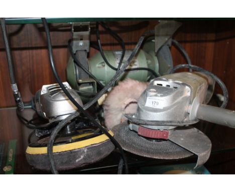 A LONG HANDLE ANGLE GRINDER, TOGETHER WITH A BENCH GRINDER, AND A POLISHER 