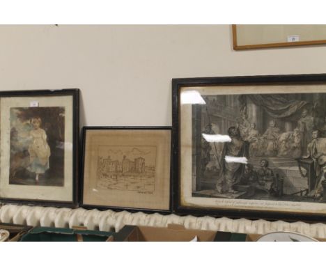 A FRAMED AND GLAZED COLOURED PRINT OF A PORTRAIT OF MISS CHOLMONDELEY TOGETHER WITH A FRAMED AND GLAZED PRINT ON CANVAS OF CA