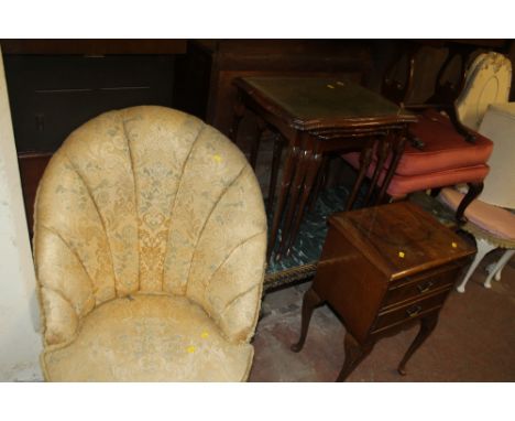 A QUANTITY OF ASSORTED FURNITURE TO INCLUDE A GLASS TOP NEST OF TABLES, A UPHOLSTERED FAN BACKED TUB CHAIR, UPHOLSTERED POUFF