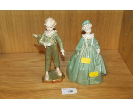 A ROYAL WORCESTER FIGURINE PARAKEET A/F TOGETHER WITH A ROYAL WORCESTER LADY 'GRANDMOTHERS DRESS'