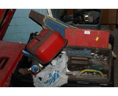 A LARGE QUANTITY OF ASSORTED TOOLS TO INCLUDE JERRY CAN, ETC 