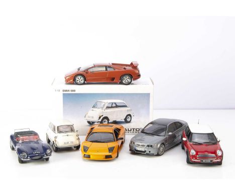 AutoArt 1:18 Road Cars, 70643 BMW 600, in original box, loose Jaguar XK SS, Lamborghini Diablo, Lamborghini Murcielago, BMW E