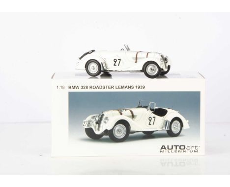 Autoart 1:18 Scale BMW 328 Roadster, boxed 83945, BMW 328 Roadster Le Mans 1939 No 27 in white livery, VG-E,  box VG-E