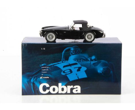 Racing Legends by Exoto 1:18 Scale, boxed with outer 18132, Cobra 289 in black livery, three creases to soft top and paint im