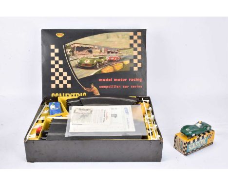 Tri-ang Scalextric CM33 Slot Car Set and E/1 Lister Jaguar, Set comprising blue Aston Martin,  yellow Jaguar D Type, track, f