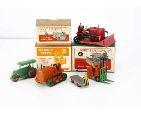 Dinky Toy Construction Vehicles, 561 Blaw Knox Bulldozer, 563 Heavy Tractor, 14c Coventry Climax Fork Lift Truck, in original