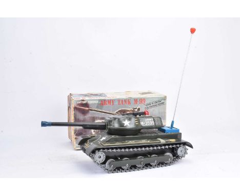 Masudaya Modern Toys Tinplate Battery-Operated Army Tank M-99, large battery powered model with tinprinted body, silver plast