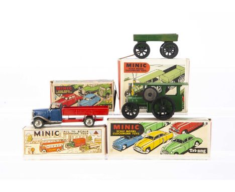 Four boxed Tri-ang Minic tinplate clockwork Vehicles, 10M Delivery Lorry in red and blue, paint loss to Cab roof and some lig