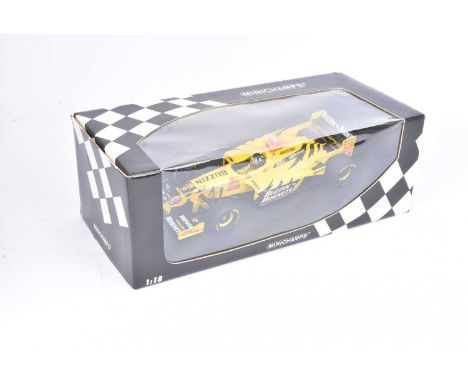 Minichamps 1:18 Scale F1 Jordan Mugen Honda 198 Damon Hill,  boxed 180 980009, Jordan in yellow livery Buzzin Hornets, VG-E, 