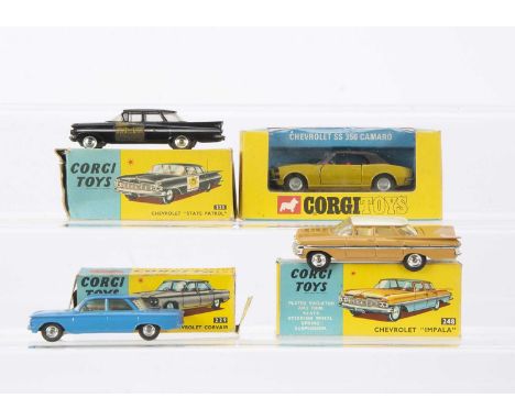 Corgi Toys Chevrolet's, 229 Chevrolet Corvair, mid-blue body, yellow interior, spun hubs, 248 Chevrolet Impala, light brown b