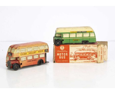 Chad Valley Tinplate clockwork Buses, Single deck bus in National red and off white, CV10073 London to Glasgow, in original b