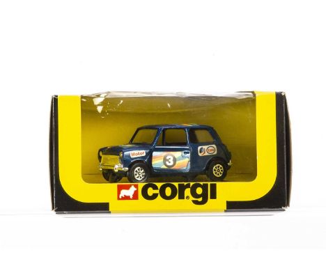 A Corgi Toys 201 Mini 1000, scarce metallic blue body, red interior, Whizzwheels, 'Michelin', 'Esso' and 'Motor' labels, in o