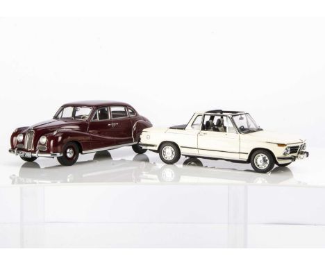 AutoArt 1:18 BMW's, 70532 BMW 2002 Baur Cabriolet, 70601 BMW 501 6-Cylinder, in original boxes, VG, 2002 lacks one wing mirro