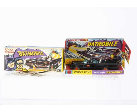 A Corgi Toys 267 Batman's Batmobile, gloss black body, 'Bat' logo hubs, Batman &amp; Robin figures, in original box with disp