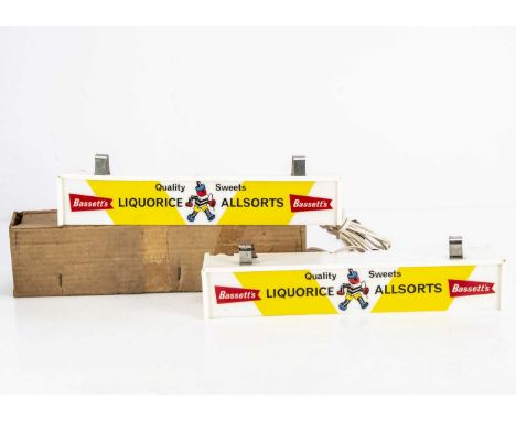 1960s Bassett's Liquorice Allsorts Shop Display Electric Clip-On Shelf Lights, pair of unused shop display lights with metal 