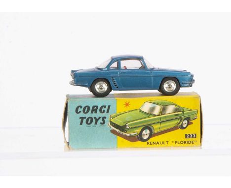 A Corgi Toys 222 Renault Floride, metallic blue body, red interior, spun hubs, in original box with club leaflet, VG-E, box F