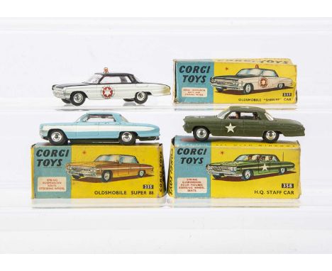 Corgi Toys Oldsmobile's, 358 Oldsmobile Super 88 H.Q Staff Car, matt military green body, red interior, driver and three pass