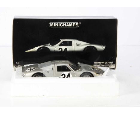 Minichamps 1:18 Scale Porsche, boxed, Porsche 904 GTS Racing 1964 in silver livery No 34, appears factory packaged, VG-E, box