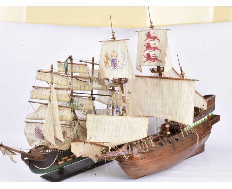 A pair of 18th Century wooden kitbuilt Warship models, Spanish four masted warship Fragata XV11,  with brown and  green hull,