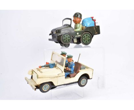 Japanese TM Modern Toys  tinplate battery operated US Army Jeep and Police Jeep, US Army in dark green, driver, blue and red 