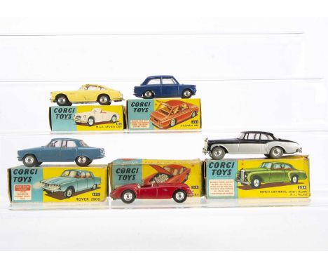 Corgi Toys British Cars, 251 Hillman Imp, metallic blue body, lemon interior, 252 Rover 2000, metallic steel blue body, red i