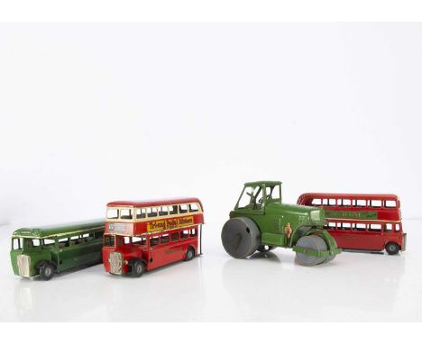 Tri-ang Minic tinplate clockwork Buses and Road Roller, 52M  London Transport green Single Deck Bus, lacks one tyre,  60M Dou