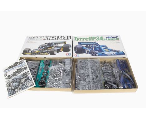 Tamiya 1:12 Scale Formula One Unmade Kits, two boxed examples, 12022 JPS Mk III Team Lotus and 12021 Tyrrell P34 Six Wheeler,