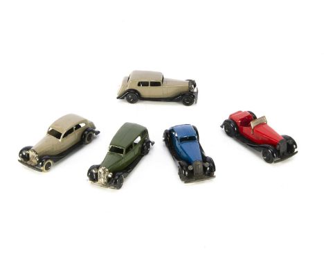 Dinky Toys 30 &amp; 36 Series Cars, 30c Daimler, fawn body, black open chassis, ridged hubs, 30d Vauxhall, dark olive green b