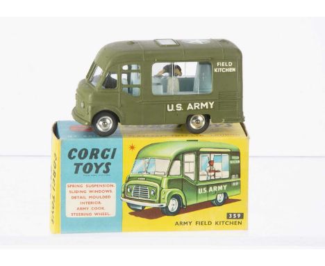 A Corgi Toys 359 Commer Army Field Kitchen, military green body, pale blue interior, attendant, 'US Army' decals, spun hubs, 