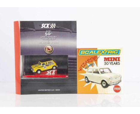 Modern SCX Mini 50th Anniversary Slot Car &amp; Book, limited edition of 500, with Scalextric C2980A 1959 Morris Mini Minor, 