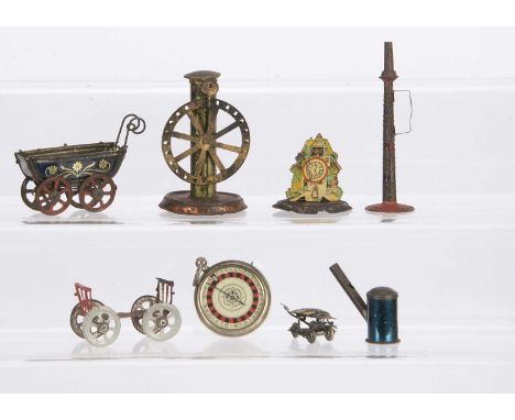 Tinplate Penny Toys, including Einfalt Beetle, D.R.G.M Wheel Of Fortune, conical Trumpet Penny Whistle, German Baby Carriage,