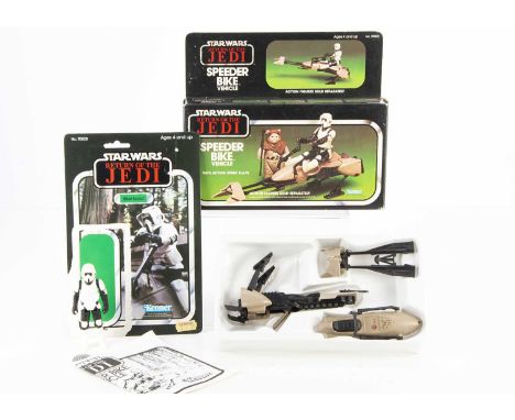 Vintage Star Wars Biker Scout Action Figure &amp; Speeder Bike, with original weapon and Kenner ROTJ 65B cardback, complete K